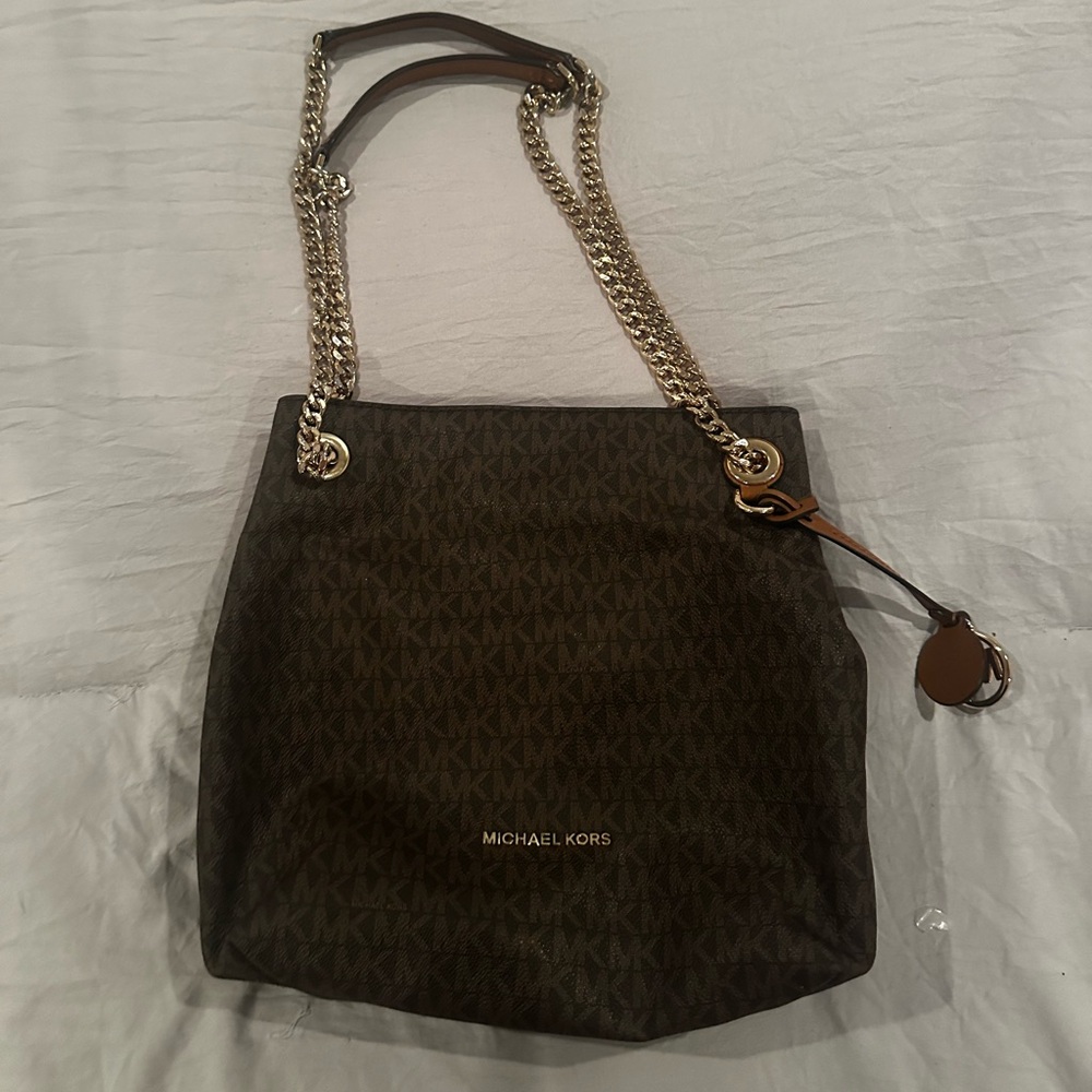 Michael Kors Gold and Brown Shoulder Bag with Structured Design